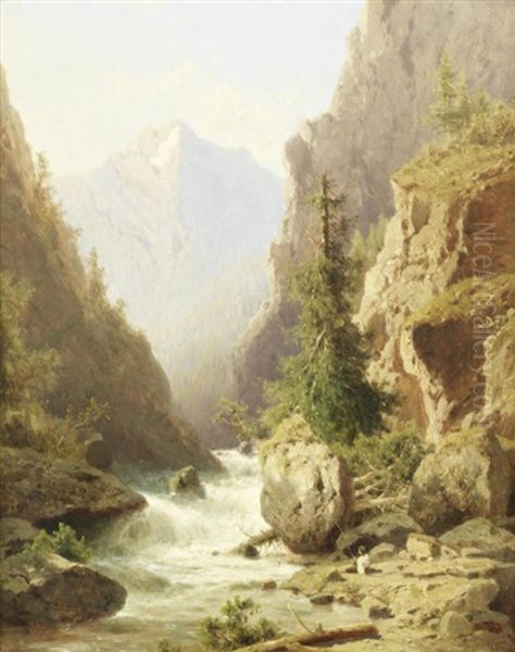 A Boy Fishing Beside A River In The Tryol - view 1