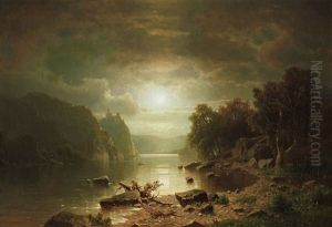 Flusslandschaft Mit Burg Bei Mondschein