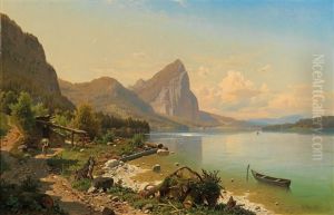 Scene On Mondsee Near Scharfling With View Of The Drachenwand by Adolf Chwala