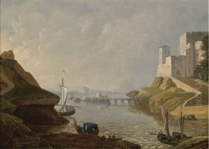 Figures And Vessels By A Coastal Fortress by Adolf Chwala