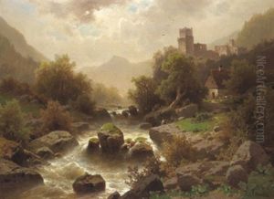 Ein Angler Am Reisenden Bach, Hintergrund Eine Burg Ein Angler Am Reisenden Bach, Hintergrund Eine Burg