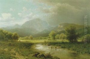 Gebirgstal Mit Kuhen An Der Tranke In Seichtem Wasser Eines Teiches by Adolf Chwala