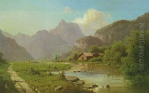 Gebirgstal Mit Bauernhutten Am Flusufer Rechts, Links Auf Der Wiese Eine Bauerin