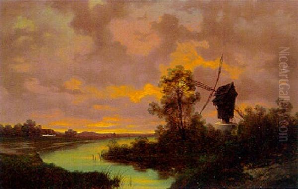 A River Landscape With A Ferry And A Windmill - view 1