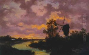 Abendliche Fluslandschaft Mit Windmuhle by Adolf Chwala