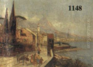Kustenlandschaft Mit Stadtansicht Und Personenstaffage