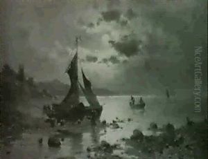 Kustenlandschaft Mit Segelbooten Im Vordergrund by Adolf Chwala