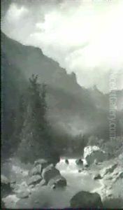 Gebirgstal Mit Einer Rastenden Reisigsammlerin Am Wasserfall Rechts by Adolf Chwala