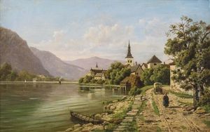 Dorf An Einem Alpensee Mit Figurenstaffage