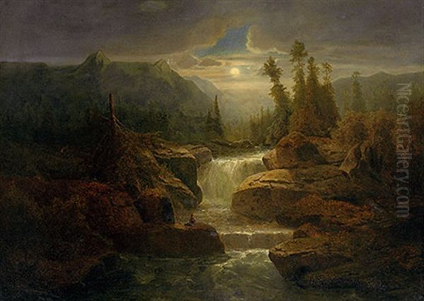 Romantische Gebirgslandschaft Mit Wildbach Bei Vollmond - view 1