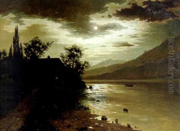 Moonlit Lake And Cottage - view 1