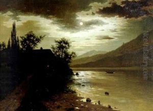 Moonlit Lake And Cottage by Fritz Chwala