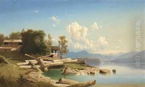 Sommerdag Ved En Bjergso, I Forgrunden En Ung Pige I En Robad by Fritz Chwala