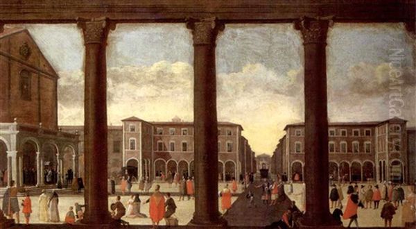 An Architectural Capriccio Of A Crowded Piazza With An Ecclesiastical Procession Leaving A Church - view 1
