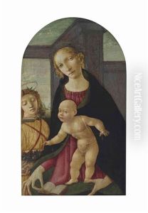 The Madonna And Child With An Angel Holding A Basket Of Fruit by Michele Ciampanti