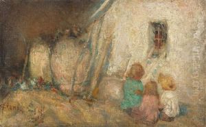 Children By A Farm Cottage by Cesare Ciani