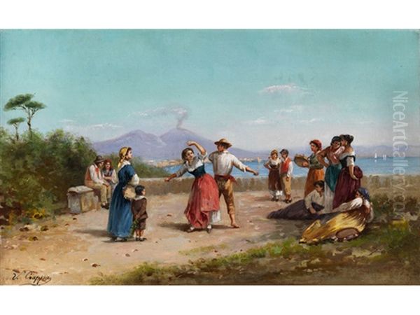 Tarantella Tanzendes Paar Am Golf Von Neapel, Von Zuschauern Und Tambourinspielerinnen Umgeben - view 1