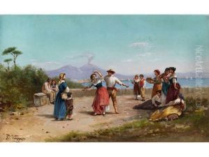 Tarantella Tanzendes Paar, Von Zuschauern Und Tamburinspielerinnen Umgeben by Vincenzo Ciappa