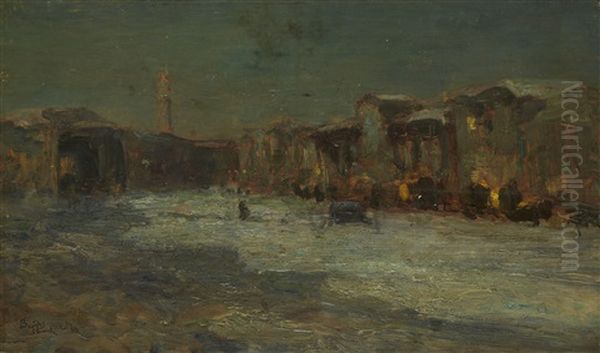 Paesaggio Invernale Con Case Olio Su Tavola - view 1