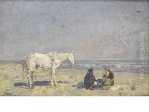 Figures And A Horse On The Beach by Beppe Ciardi