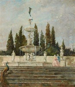 Garden With A Well, Courtly Couple, And A Peacock
