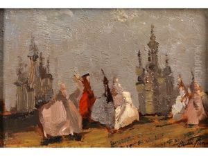 Venezianische Maskentrager Vor Der Stadtsilhouette Von Venedig