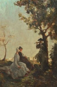 A Courting Couple Seated Beneath A Tree Entertained By A Flautist