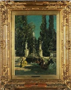 Giardino E Fontana Con Personaggi In Costumi Settecenteschi