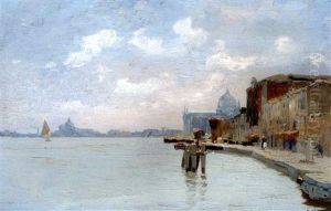 Venedig - La Giudecca Mit Der Kirche San Giorgio Maggiore, Im Hintergrund Die Silhouette Von Venedig Venedig - La Giudecca Mit Der Kirche San Giorgio Maggiore, Im Hintergrund Die Silhouette Von Venedig
