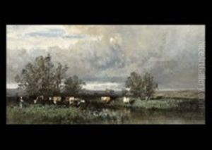 Troupeau Au Bord D'un Etang by Eugene Ciceri