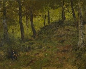 Peintre Dans La Foret De Fontainebleau by Eugene Ciceri
