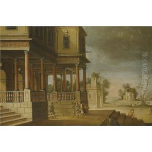 A Capriccio Landscape With Figures Returning To A Villa From The Hunt by Jose De Cieza