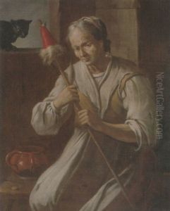 An Interior With A Seated Woman Holding A Distaff, A Black Cat On A Window Ledge Behind by Antonio Cifrondi