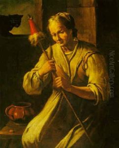 A Seated Old Woman Holding A Distaff, With A Black Cat On A Window Ledge Beyond by Antonio Cifrondi