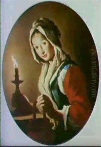A Portrait Of A Young Woman Holding A Terracotta Cooking    Vessel And A Candle, Standing Beside A Table