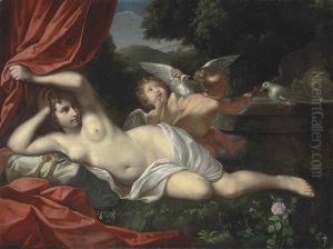 Venus Reclining With A Putto And An Infant Playing With Doves, An Italianate Landscape Beyond by Carlo Cignani