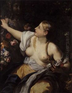Jeune Femme Decorant De Fleurs Une Statue De Jeune Homme by Carlo Cignani