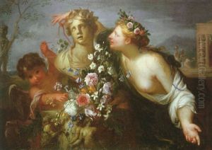 A Muse With A Putto Presenting Flowers To A Bust Of The Goddess Flora by Carlo Cignani