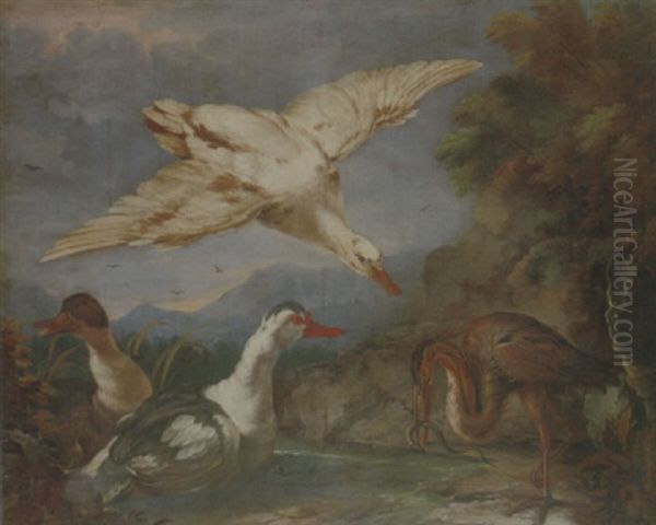 A River Landscape With Ducks And A Heron Eating An Eel - view 1