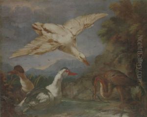 A River Landscape With Ducks And A Heron Eating An Eel by Pietro Cignaroli