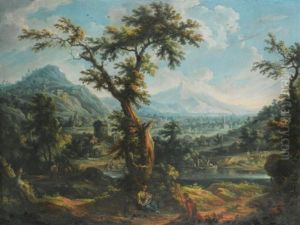 A View Of The Susa Valley, Piedmont, With A Shepherd And A Mother And Child In The Foreground, Other Figures In A Boat And On The Bank Of A River Beyond by Scipione Cignaroli