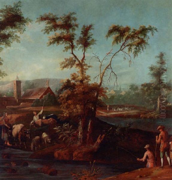 A River Landscape With Fishermen And Drovers, A Town Beyond - view 1
