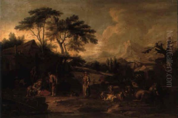A Roman Landscape With Travellers And Their Livestock Resting At A Ford - view 1