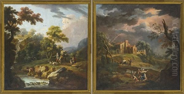 Scene Campestri Con Viandanti E Temporale (pair) - view 1