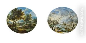 Pendants - Sommerliche Fluslandschaft Und Winterliche Fluslandschaft (pair) by Vittorio Amadeo Cignaroli