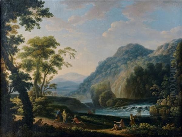 Paysage A La Cascade Anime De Personnages, Moulin Au Bord D'une Riviere Animee De Pecheurs Et De Lavandieres (pair) - view 1