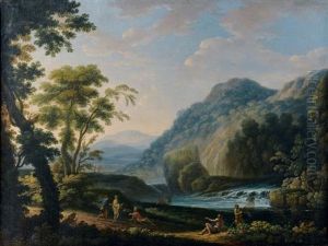 Paysage A La Cascade Anime De Personnages, Moulin Au Bord D'une Riviere Animee De Pecheurs Et De Lavandieres (pair)