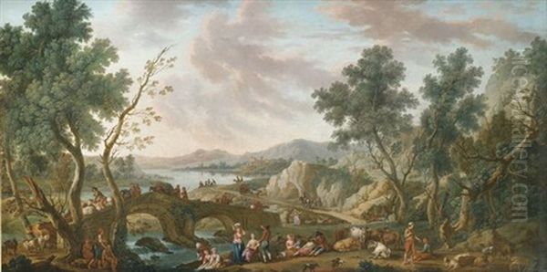 Weite Flusslandschaft Mit Hirten, Wascherinnen Und Reisenden - view 1