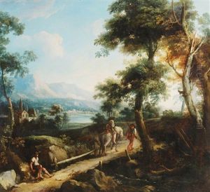 Paesaggio Lacustre Con Cacciatori E Viandante In Sosta