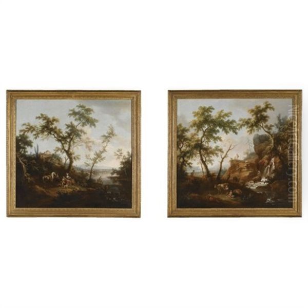 A Pastoral Landscape With Elegant Figures Resting By A Lake, A Villa On A Hill Beyond (+ A Rocky Landscape With Pastoral Figures Resting By A Waterfall; Pair) - view 1